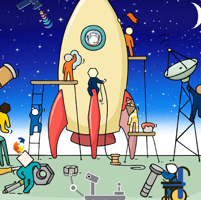 An illustrated rocket in construction with multiple people working on it.