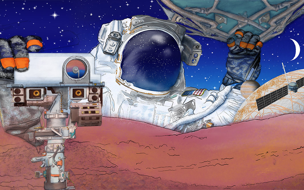 Illustration of an astronaut holding on to the outside of his spacecraft and looming large over a planet surface. In the foreground, he holds the side of a remote sensing instrument. There is another planet to the site with a satellite orbiting it. The celestials in the background include stars and the moon. Mid-sized use.