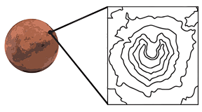 Mars with an enlargement of its topography