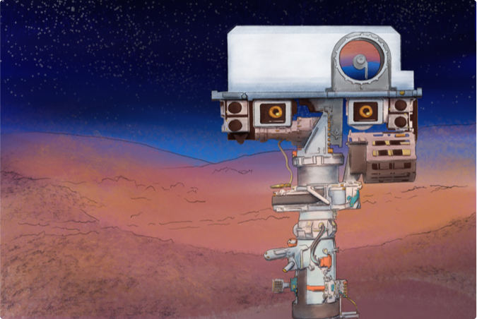 Illustration of a remote sensing instrument on the surface of a planet