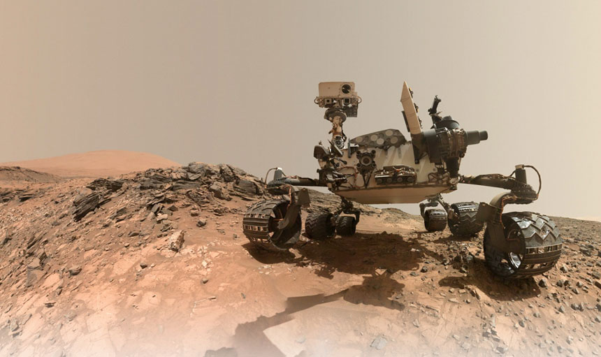 Remote Sensing showing a rover on the extreme landscape of a planetary body