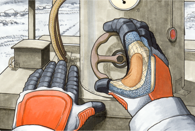 An illustration of gloved hands operating the instrument's gears