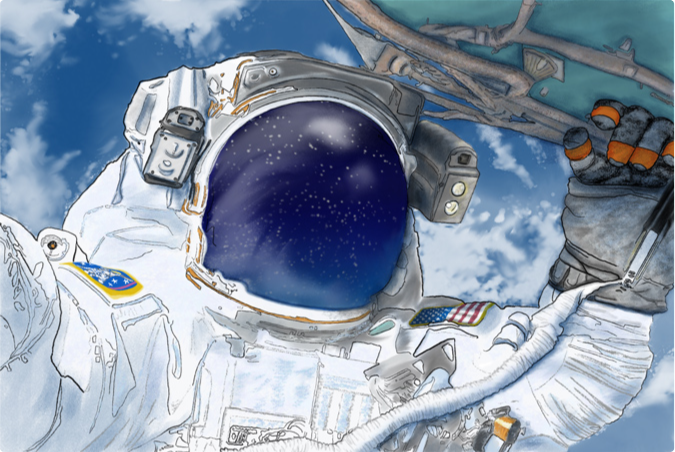 Illustration of an astronaut holding on to the outside of his spacecraft