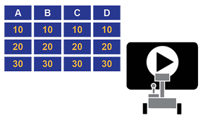 Rosie the Robot at a computer screen with a video and to the left is a data spreadsheet with 4 rows and 4 columns of data