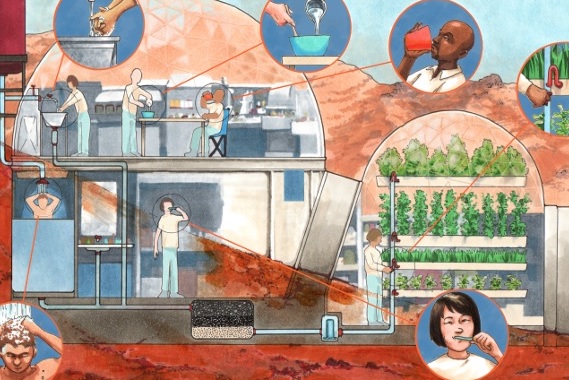 A complex illustration of people living within a biosphere on a planetary surface