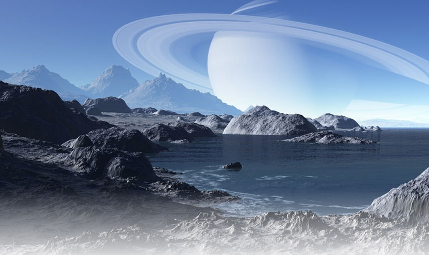 Water in Extreme Environments showing Saturn beyond a landscape that suggests a water source