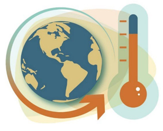 an illustration of the Earth with an arrow pointing to a thermometer with a hot-temperature reading