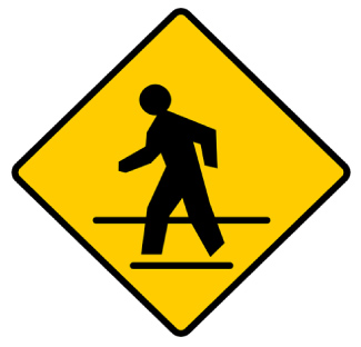 Diamond-shaped sing with a stick man crossing a street