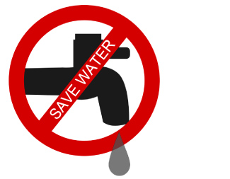Red circle with a line through it and the words SAVE WATER over a dripping water faucet