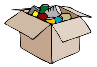 Illustration of a box filled with emergency supplies such as cans of food