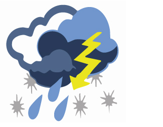 Illustration of storm clouds with lightening, raindrops, and hail coming from them