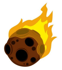 Illustration of a round-shaped meteor with fire billowing from one side