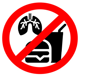 Red circle with a line through it over illustrations of the lung, a hamburger, and a cup with a straw