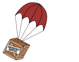 Illustration of a wooden box labeled Emergency Supplies attached to a parachute