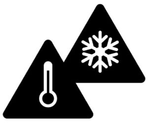 Two warning triangles of black, one with a thermometer showing a high temperature and the other with a snowflake