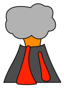 Illustration of a volcano with lava flowing down its side and a plume out of its top