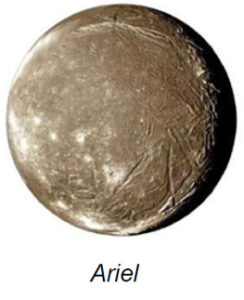 The image displays a celestial body—specifically Ariel, one of Uranus's moons. The surface appears round and is characterized by a mix of smooth and rugged textures. The image shows varying shades of beige and brown, suggesting differences in terrain. Several linear features, possibly representing ridges or tectonic faults, crisscross the surface. Bright spots and crater-like impressions are visible, indicating impact sites. The play of light and shadow emphasizes the uneven topography of the moon's surface.