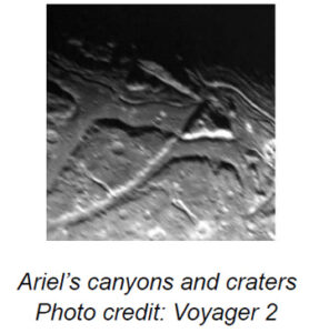 The image depicts the surface of a celestial body with a rugged, cratered terrain. The foreground shows various circular craters of different sizes, creating a bumpy and uneven surface. In the center, a prominent intersecting network of linear ridges and grooves is visible, forming complex patterns across the landscape. The surface texture appears rough, with shadows accentuating the relief and depth of the features.
