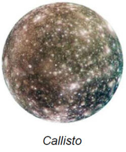 The image displays Callisto, one of Jupiter's moons, portrayed as a spherical celestial body. The surface is marked by a multitude of craters, giving it a heavily pockmarked texture. The predominant colors are a mix of browns, grays, and whites, with bright spots scattered across its surface, indicating impact sites. The overall appearance suggests a heavily cratered and ancient surface, characteristic of this natural satellite.
