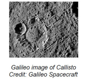 The image depicts a close-up view of the surface of Callisto, one of Jupiter's moons. The surface is heavily cratered, showcasing a rugged and uneven terrain. A large circular crater dominates the center left of the image, with jagged edges and a shadow emphasizing its depth. Surrounding the main crater are several smaller craters and pits of varying sizes. The texture of the surface appears rocky and harsh, with numerous cracks and ridges running throughout.