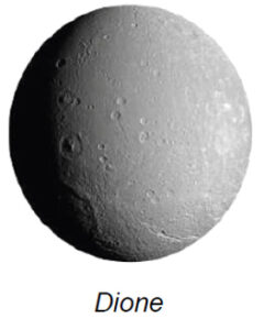 The image displays Dione, one of Saturn’s moons. Dione appears as a spherical object with a highly cratered surface, giving it a rugged texture. The moon is predominantly gray, with varying shades indicating differences in topography and depth. The left side of the sphere is shadowed, suggesting light is coming from the right. Numerous impact craters of different sizes are visible, with some overlapping each other. The surface also shows subtle linear features that might indicate fractures or ridges.