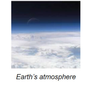 The image portrays a serene view of Earth's atmosphere with thick layers of white, fluffy clouds forming a blanket over the planet. Above the clouds, a gradient of blue shifts from light to dark as it ascends, representing the various layers of the atmosphere transitioning into the vast blackness of space. A faint curve of the Moon is visible just above the horizon, partially obscured by the atmospheric layers.