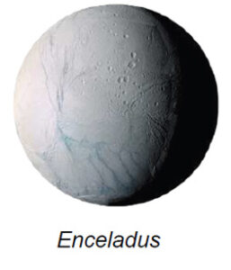 The image displays Enceladus, one of Saturn's moons. The surface of the moon is prominently featured, showing a spherical shape with varying shades of gray. The surface texture is rough, marked by numerous craters of different sizes, indicating a heavily pitted terrain. The left side appears darker due to shadowing, suggesting a light source to the right. Subtle linear patterns and ridges are visible, running across the moon's face, contributing to the complex and rugged appearance.