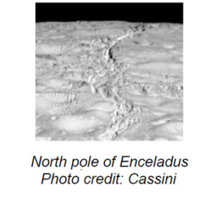 The image presents a surface view of Enceladus, one of Saturn’s moons. The landscape is dominated by a rough and icy terrain featuring numerous craters and ridges. The surface is predominantly covered in white and light gray shades, suggesting a frozen environment. Prominent in the center is a distinctive crack or fissure that runs diagonally, showcasing the geological activity. The surface appears pockmarked with depressions of varying sizes, indicating impacts or other erosive processes. The background transitions to a stark black space, highlighting the moon’s boundary.