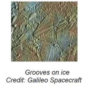 The image depicts a section of the surface of Europa, one of Jupiter's moons. It features a complex and textured landscape with a variety of intersecting linear features. The surface is covered with ridges and fractures, creating a pattern of overlapping geometric shapes. The coloration ranges from muted browns and greens to subtle shades of blue, highlighting the intricate terrain. Light and shadows accentuate the elevations and depressions, giving the surface a three-dimensional appearance.