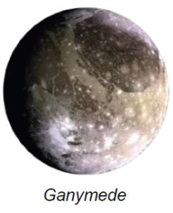 The image is of Ganymede, one of Jupiter's moons. It appears as a spherical body, showcasing a surface with contrasting dark and light regions. The dark areas are heavily cratered, indicating ancient terrain, while the light regions are grooved and ridged, suggesting more recent geological activity. Subtle shades of gray, brown, and white dominate the surface. There are visible patterns of crisscrossing lines and large, irregular patches of varying textures, highlighting the moon's complex geology.