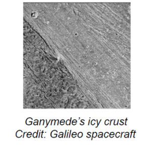 The image is a black and white surface view of Ganymede, Jupiter's largest moon, showing contrasting geological regions. On the left side, a dark, rugged terrain is visible, filled with numerous circular craters of varying sizes and a rough texture that gives it a pockmarked appearance. This area appears more ancient, likely due to the higher density of craters. The right side features a lighter, smoother terrain, characterized by long, parallel ridges and grooves running diagonally across the surface. This region is less cratered, indicating more recent geological activity. The overall composition showcases the diverse geological history of Ganymede’s surface.