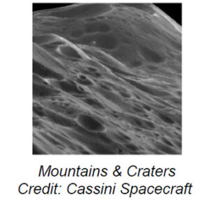 The image depicts the rugged surface of Iapetus, one of Saturn's moons. It features an array of large and small craters spread across a mountainous terrain. The craters vary in size and depth, creating a textured and uneven landscape. Shadows within the craters add contrast to the predominantly grey surface. The image captures the natural roughness and complexity of the moon’s landscape, with visible ridges and overlapping impact sites.