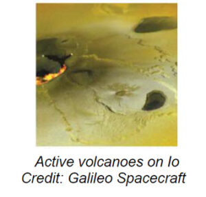 The image depicts the surface of Io, one of Jupiter's moons, showcasing a vibrant, rugged terrain. The surface is predominantly yellow with areas of dark green and black, indicating diverse geological features. There are distinct crater-like formations and irregular, textured markings, suggesting volcanic activity. The changing colors and varied textures provide a sense of depth and complexity, with shadows cast by elevated areas enhancing the three-dimensional appearance.