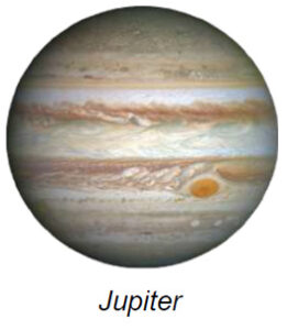 The image displays the planet Jupiter with its vibrant atmospheric bands. The planet is shown in a nearly spherical shape. Prominent horizontal stripes in hues of brown, orange, and white stretch across the surface, with a large swirling oval, known as the Great Red Spot, visible in the lower right region. The texture of the bands appears smooth, while the colors blend seamlessly into one another, giving a cloudy appearance.