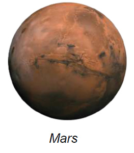 The image depicts the planet Mars, characterized by its reddish appearance. The surface displays various shades of red, brown, and orange. There are darker regions and lighter patches, suggesting variations in the terrain. Prominent dark lines stretch across the planet, possibly indicating valleys or canyons. The texture appears dusty and uneven, reflecting Mars' arid and rocky landscape.