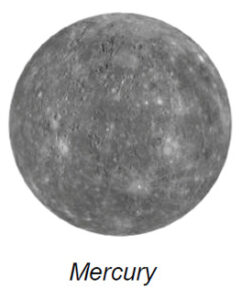 The image shows a detailed view of Mercury, the smallest planet in the solar system. The planet appears as a grey sphere showcasing a cratered surface, typical of rocky terrestrial planets. Numerous craters of varying sizes are scattered across the planet’s surface, with some areas appearing darker or lighter, possibly indicating differences in composition or depth. The texture of the surface is rugged, with shadows enhancing the visibility of the craters, providing a sense of depth.