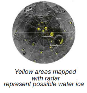 The image is a gray-scale map of Mercury's north polar region, highlighting craters with potential ice deposits. The craters are outlined in yellow to indicate areas where ice may be present. The map is circular, segmented by radial lines extending from the center toward the edge, marked with degrees of longitude. Notable craters like Kandinsky and Prokofiev are labeled. The surface features a rugged texture with numerous craters of varying sizes.