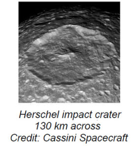 The image displays a close-up view of the surface of Mimas, one of Saturn's moons. The foreground features a large, prominent crater with steep, rugged walls and a relatively smooth basin. The texture within the crater appears rough with scattered small rocks and boulders. Surrounding the crater, the surface of Mimas is uneven, with a landscape covered in various-sized craters, indicating a history of impacts. The monochromatic image highlights different shades of gray, providing contrast and emphasizing the topographical features.