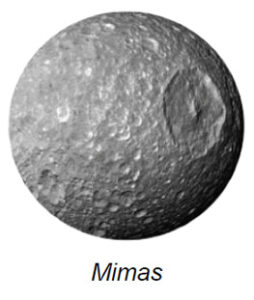 The image depicts Mimas, one of Saturn's moons, captured in a grayscale format. The moon is spherical in shape, showcasing a heavily cratered surface typical of many celestial bodies in the solar system. The most prominent feature is a large crater located slightly to the right of center, with a pronounced rim and a central peak within it, indicative of an impact event. The surface appears rough and textured with varying crater sizes scattered across the moon. The light source seems to be coming from the upper left, casting shadows and highlighting the cratered terrain.