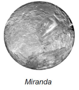 The image shows a spherical celestial body with a rugged surface marked by various grooves and ridges. Its surface appears uneven and textured, with numerous craters of different sizes. The top area is more heavily cratered, while the lower portion features a large, prominent ridge cutting across it. The overall coloration is a monochromatic gray, indicating that it's likely a model or image of a moon or a planet with a rocky, icy composition.