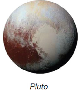 The image is of Pluto, showing its full round shape with distinct coloration. The planet has a prominent heart-shaped region, mostly light cream to white with varying degrees of brightness, located slightly to the right of center. The left side of Pluto features darker reddish-brown areas, indicating surface variety. The planet displays a mix of gray, white, and reddish-brown patches that create a mottled appearance, hinting at its diverse terrain. The surface has visible textures and patterns suggesting geological features.