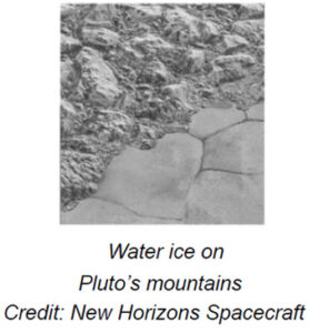 The image depicts a portion of Pluto's surface, showing a distinct contrast between rugged, textured terrain and smoother, cracked plains. The left side of the image features a rough, rocky landscape with uneven surfaces and a jagged appearance, possibly caused by various geological processes. This area is densely packed with irregular shapes and textures. In contrast, the right side of the image shows a smoother expanse characterized by large, polygonal shapes resembling cracked pavement. These shapes have defined edges and appear relatively flat compared to the rough terrain on the left.