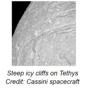 The image depicts part of the surface of Tethys, a moon of Saturn. The view shows the moon's rugged terrain, characterized by numerous craters and ridges. The surface appears heavily pockmarked with craters of varying sizes, suggesting a long history of impacts. The texture of the surface seems rough, with a series of ridges running diagonally across the image. The overall color of the surface is a light gray, typical of celestial bodies with icy surfaces. The background is a stark black, indicating the vastness of space.