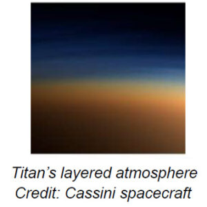The image depicts a view of the atmosphere of Titan, Saturn's largest moon. The scene shows a gradient of colors forming the layers of the atmosphere. The lower portion of the image is dominated by a warm, orange hue that transitions smoothly into lighter shades. As the elevation increases, the colors shift to a series of darker layers, progressing from light blue to dark blue and finally to deep indigo at the top. The gradient suggests multiple atmospheric layers, each with different compositions and thicknesses.