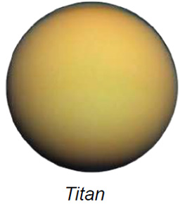 The image presents Saturn's moon, Titan, depicted as a large, spherical object dominating the frame. The surface of Titan appears smooth with a predominantly orange hue, transitioning into subtle shades of yellow and brown. The edges of Titan are slightly darker, creating a vignette effect, contributing to a sense of dimension and depth.