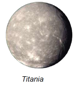 The image depicts Titania, one of Uranus's moons. Titania appears as a spherical celestial body with a predominantly gray surface. The surface is marked with numerous small craters and lighter patches scattered across its surface, giving it a textured appearance. A few larger and more prominent craters are visible, along with some linear features that may indicate tectonic activity. The lighting creates a subtle shadow on the lower right, adding depth to the image.