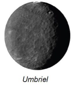The image depicts a spherical, cratered celestial body, identified as Umbriel, one of Uranus' moons. The surface is characterized by a gray, rocky texture. Numerous craters of varying sizes are distributed across the visible surface, suggesting a history of impacts. The lighting is such that one side of the moon is more illuminated than the other, creating a crescent-like shadow effect.