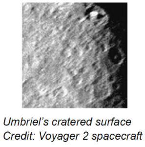 The image shows a portion of the surface of Umbriel, one of Uranus' moons. The surface appears rough and uneven with numerous craters of various sizes spread across the image. The terrain is predominantly in shades of gray, creating a contrast between the illuminated areas and the darker regions, possibly due to shadows cast by the craters and ridges.