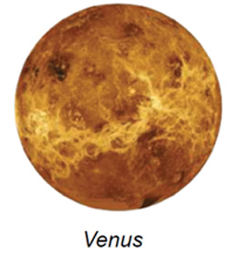 The image displays a detailed view of Venus, focusing on its swirling cloud patterns and surface features. The planet appears as a round, orange-brown sphere with intricate cloud formations. There is a prominent bright swath across the middle, indicating dense atmospheric activity. The surface is mottled with darker and lighter areas, suggesting varying terrain features or atmospheric conditions. The overall texture is smooth with visible patterns resembling turbulence or swirling formations.