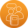 Icon for Getting Ready to Teach Planets with an illustration of two people, a speech bubble, and a spiral-bound book